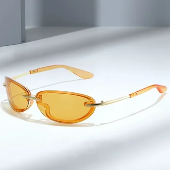 Новые металлические солнцезащитные очки овальной формы Y2K, женские коричнево-коричневые модные очки, футуристические солнцезащитные очки для уличных фотографий с острым краем