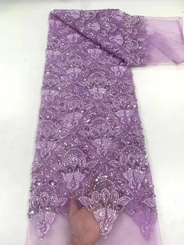 Роскошная Нигерийская кружевная ткань ручной работы, вышитая бисером, Высококачественные блестки, вышивка бисером, Африканское платье из французской кружевной ткани QF0734