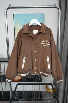 ETJ23 новая вельветовая бейсбольная куртка, женская свободная куртка с лацканами в американском винтажном стиле коричневого цвета с вышивкой на мягкой подкладке