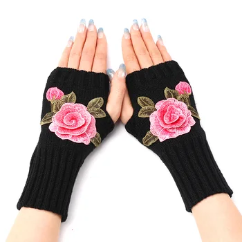 2023 Новые осенне-зимние женские короткие модные перчатки с вышитыми цветами, вязаные теплые перчатки без пальцев