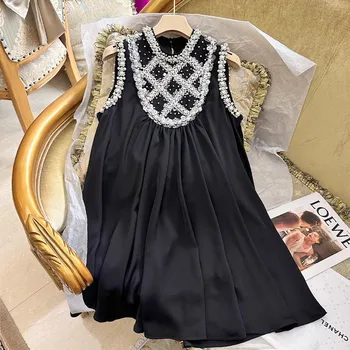 Супер Сказочная Элегантная юбка-топ без рукавов с бусинами ручной работы, усыпанная бриллиантами Черное платье, приталенная юбка высокого качества, летняя