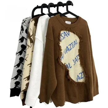 Осенне-зимний модный бренд в американском стиле в стиле ретро в стиле пэчворк с потертыми буквами, Нишевый дизайн, трикотажный свитер для женщин