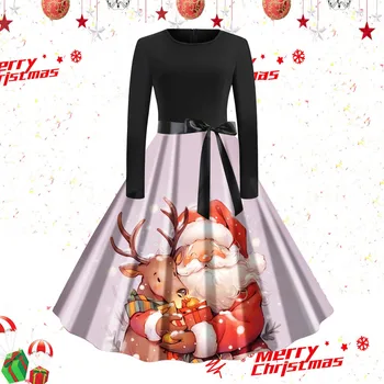 Женская мода, повседневное платье в стиле ретро с принтом Санта-Клауса с круглым вырезом и длинным рукавом, элегантное винтажное платье трапециевидной формы