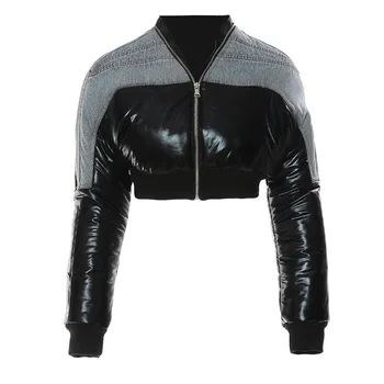 Джинсовая лоскутная короткая хлопковая куртка с подкладкой, женская осенне-зимняя куртка с V-образным вырезом и длинным рукавом на молнии, мотоциклетные пальто, хипстерская уличная одежда