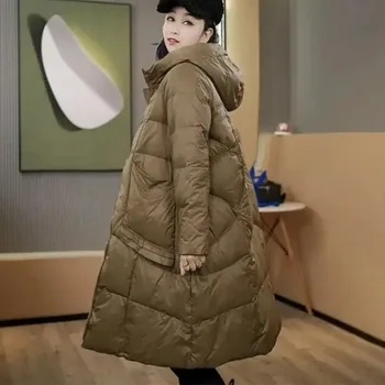 2023 Женская пуховая куртка средней длины с капюшоном, однотонная, большого размера, зимняя новая пуховая куртка свободного кроя, утягивающая и теплая куртка