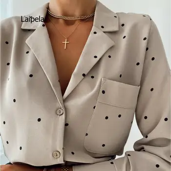 Женская блузка с карманом и отложным воротником с длинным рукавом, офисные женские хлопковые повседневные рубашки в горошек, Новинка весны 2021 года