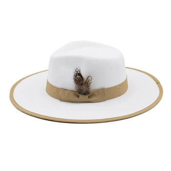 Белые фетровые шляпы с ободками из перьев, Шерстяной цилиндр, мужская панама с плоскими полями