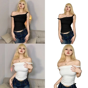 Сексуальная женская футболка с открытыми плечами, укороченные топы без рукавов, облегающие блузки, однотонная футболка с открытой спиной