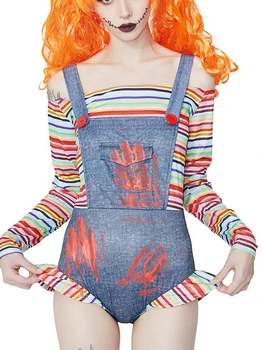 Женские костюмы клоуна на Хэллоуин, комбинезон с открытыми плечами в полоску и рюшами для косплея, Маскарадные наряды для ролевых вечеринок