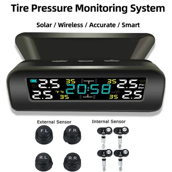 Интеллектуальная система контроля давления в автомобильных шинах TPMS с часами, беспроводным солнечным интеллектуальным датчиком давления в шинах, датчиком температуры в шинах