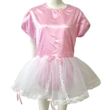Французский сексуальный фетиш для взрослых на заказ, переодевание Сисси, Гладкое Розовое Атласное платье в стиле пэчворк с белым прозрачным бантом, украшенное бантом