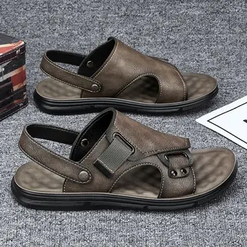 Новые мужские модные босоножки, нескользящие босоножки из натуральной кожи, Мягкие тапочки на плоской подошве для мужчин, повседневная обувь Sandalias MSA512