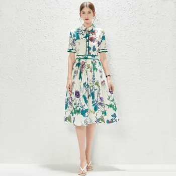 Темпераментный воротник рубашки, плиссированное платье с короткими рукавами, красивая юбка длиной выше колена в цветочек в деревенском стиле для женщин, Vestido