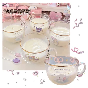 Мультяшная Милая Стеклянная чашка для завтрака с ручкой Аниме My Melody Kuromi Cinnamoroll Kawaii Студенческая чашка для молока, Чашка для сока, Ложка для подноса