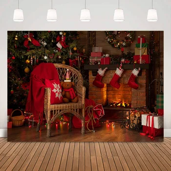 Камин Красные носки Фон для фотосъемки Рождественские елки Подарки Фон для портретной фотосессии Реквизит для зимней семейной вечеринки