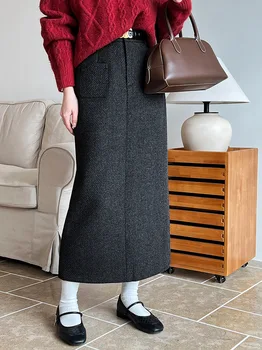 Женская шерстяная юбка Макси с карманами с высокой талией, закрывающими бедра и ягодицы, осень и зима 2023 г. Шерстяные юбки