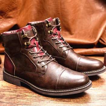 Мужские кожаные ботинки в стиле ретро с боковой молнией, на шнуровке, с круглым носком, короткие ботинки большого размера, уличная походная обувь Bota Impermeavel Masculina