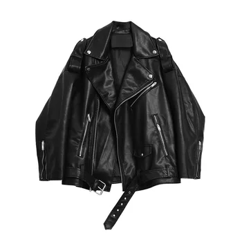Осеннее новое черное винтажное кожаное пальто 2023, Женская Свободная короткая мотоциклетная одежда, Красивая куртка из искусственной кожи, пальто