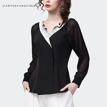 Модная женская весенняя черная шифоновая блузка 2023, топ с V-образным вырезом, отделка бисером, Элегантная тонкая рубашка на пуговицах с длинным рукавом, шикарная