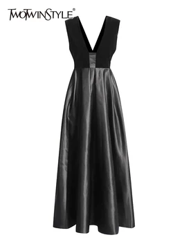 TWOTWINSTYLE, женское платье трапециевидной формы с V-образным вырезом, без рукавов, с открытой спиной, с высокой талией, Элегантные платья, новинка женской моды