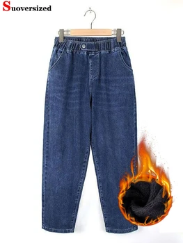 Винтажные джинсы-шаровары большого размера весом 100 кг, зимние джинсовые брюки длиной до щиколотки, мешковатые прямые джинсовые женские брюки из вельвета