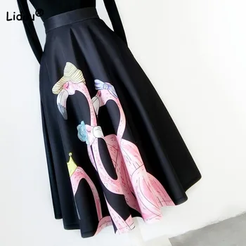 Демисезонная модная юбка с принтом и высокой талией, женская одежда 2023, Корейские повседневные юбки миди трапециевидной формы для женщин