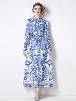 Женские платья Весна-осень, подиумное макси-платье с длинным рукавом-фонариком, сине-белым фарфоровым принтом, с высокой талией для отдыха, N7055