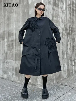 Платье-рубашка с объемным декором XITAO, однотонное Свободное однобортное платье с отложным воротником, осенняя новинка, универсальная модель ZZ0016