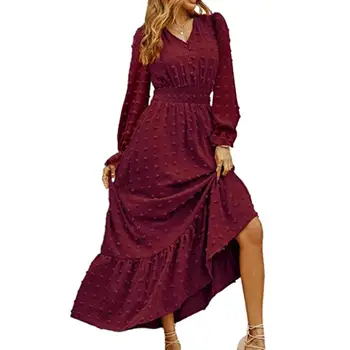 Весенне-осеннее женское платье с аппликацией в горошек, рюшами, Свободная эластичная обтягивающая талия, платье Макси в стиле пэчворк трапециевидной формы с длинным рукавом в стиле Бохо