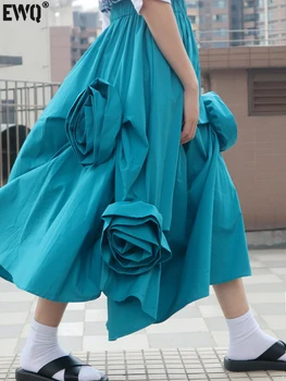 [EWQ] Объемная юбка с нерегулярным цветком, черная юбка Тонкая, а юбки с эластичным поясом в виде бутона Цветка 2023, Летний Новый стиль 16Y37