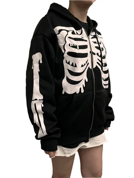Женская толстовка Оверсайз Y2K Skeleton, украшенная стразами, с эстетичным дизайном пуловера - Gothic Streetwear