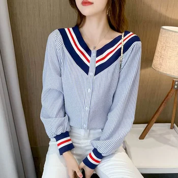 Рубашки для женщин, вязаные лоскутные темно-синие полосатые повседневные женские топы с длинным рукавом, свободные эстетичные простые блузки в корейском стиле с V-образным вырезом.