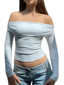 Женские укороченные топы Y2K с открытыми плечами, милый топ с длинным рукавом для выхода в свет, сексуальная облегающая футболка с открытой спиной, повседневная уличная одежда