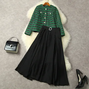 женская одежда на зиму 2023 года, зеленое однобортное твидовое пальто с длинными рукавами, плиссированная юбка, Новые модные костюмы в европейском и американском стиле