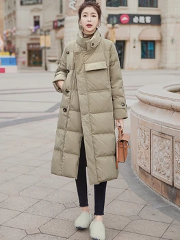 Новые корейские модные женские парки, Зимний однотонный воротник-стойка с карманом, длинное пальто с хлопковой подкладкой, повседневная толстая куртка, Топы женской одежды