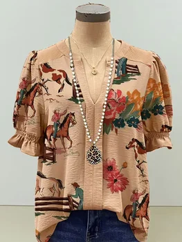 Топ с V-образным вырезом и принтом осла, блузка в стиле бохо, женская блузка-поло с цветочным рукавом-фонариком.