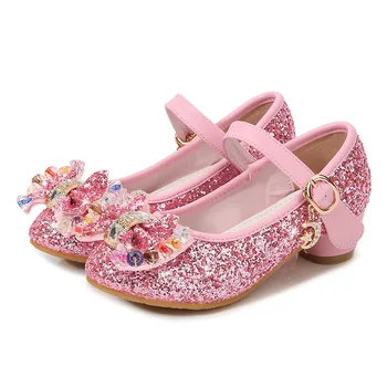 Color Diamond Bowkont/ Свадебные Туфли на высоком каблуке для девочек 2023, Весенние Новые повседневные детские туфли для студенческих вечеринок Princess Crystal