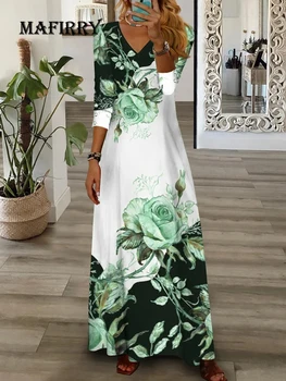 Женское весенне-летнее базовое длинное платье, уличная одежда с цветочным принтом и V-образным вырезом, макси-платье в стиле пэчворк с длинным рукавом, клубные платья для вечеринок