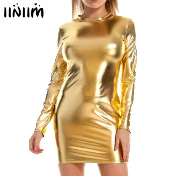 iiniim, женские вечерние платья с металлическим блеском, элегантное сексуальное облегающее мини-платье, однотонные платья-карандаш с круглым вырезом и длинным рукавом