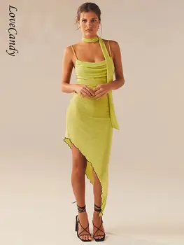 Нерегулярные Однотонные женские летние платья на подтяжках Модные Сетчатые Лоскутные Элегантные Миди-платья 2023 Party Club Vacation Vestidos
