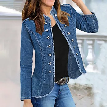 Женский джинсовый пиджак Весна 2023, новый однобортный пиджак со стоячим вырезом в стиле ретро из синего денима, приталенная джинсовая куртка