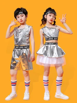 Платья в стиле хип-хоп и джаз с блестками для девочек, детский танцевальный костюм в стиле джаз модерн, детская одежда для черлидинга, уличная одежда, сцена для выступлений