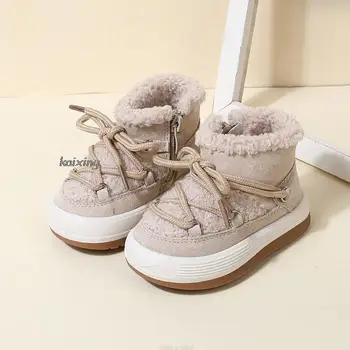 Модная детская хлопчатобумажная обувь, зимние плюшевые теплые зимние ботинки, ботинки с мягкой подошвой для малышей, нескользящие ходунки, детская обувь для мальчиков и девочек