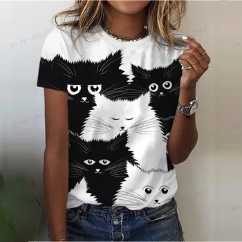 2023 Новый женский пуловер, футболка с 3D принтом кота из мультфильма, Свободные футболки с круглым вырезом и коротким рукавом, Весенние повседневные топы размера Y2K