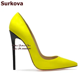 Surkova/ Черные туфли-лодочки на высоком каблуке 12 см, 10 см, 8 см, Неоновые Желто-синие Свадебные туфли без застежки из Матовой кожи, цвет Пэчворк