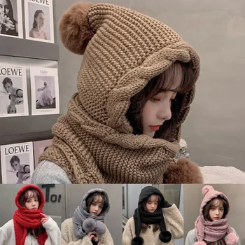 Женская корейская версия, осень-зима, защита от холода, Теплый шарф, шапка, Цельный Милый меховой шар, защита ушей, утолщенные вязаные шапки