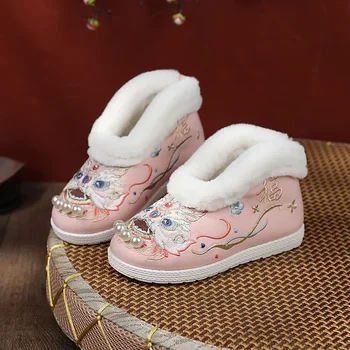 Ботильоны для девочек, Традиционные Модные Зимние Ботинки в Стиле Вышивки для Детей, Теплые Детские Короткие Ботинки Принцессы Hanfu Performance