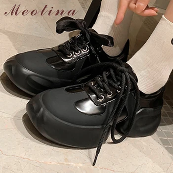 Meotina/ Женские кроссовки из натуральной кожи на плоской подошве с круглым носком и платформе, женская модная повседневная обувь, Весна-осень, Серый, Черный