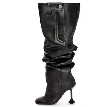 Женские ботфорты выше колена на необычном каблуке с квадратным носком и металлическими пуговицами, свободный плиссированный верх, женская обувь широкой посадки до колена.