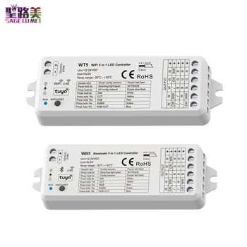 WT5 WiFi / WB5 Bluetooth (приложение Tuya) 5CH * 3A 12-24 В RF LED CV Контроллер для светодиодной ленты, совместимый с приложением Tuya / Голосовым управлением